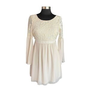 Flying Tomato Bohemian Whimsigoth Cream Long Sleeve Lace Dress Flared Sleeves